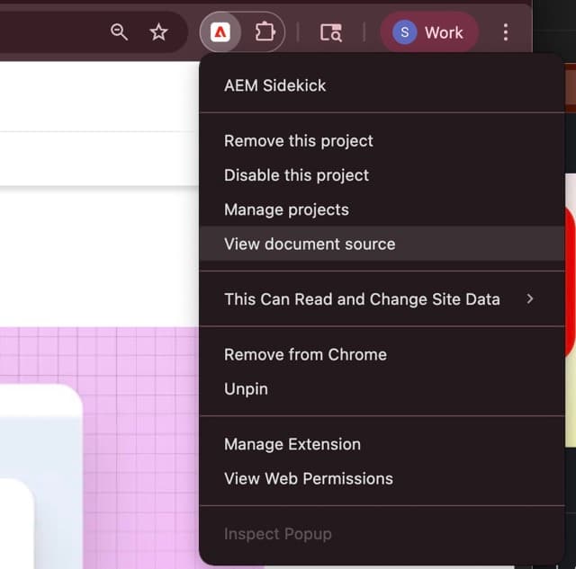 Screenshot of using the AEM Sidekick to view document source