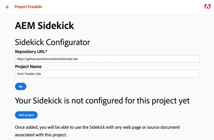 Sidekick configurator with Sidekick extension installed and project not configured yet